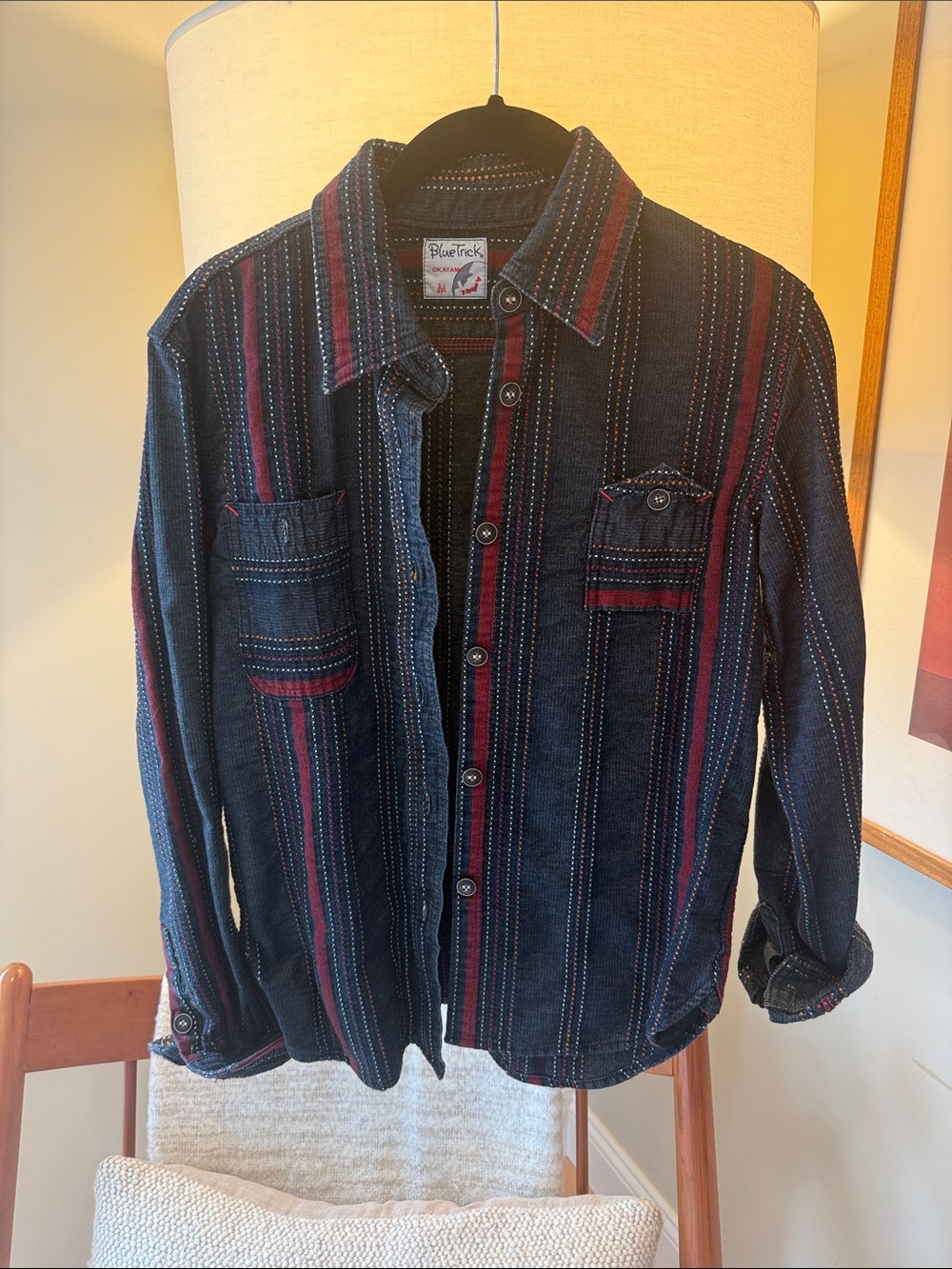 Blue Trick authentic Japanese denim with red orange white Striped collar Button